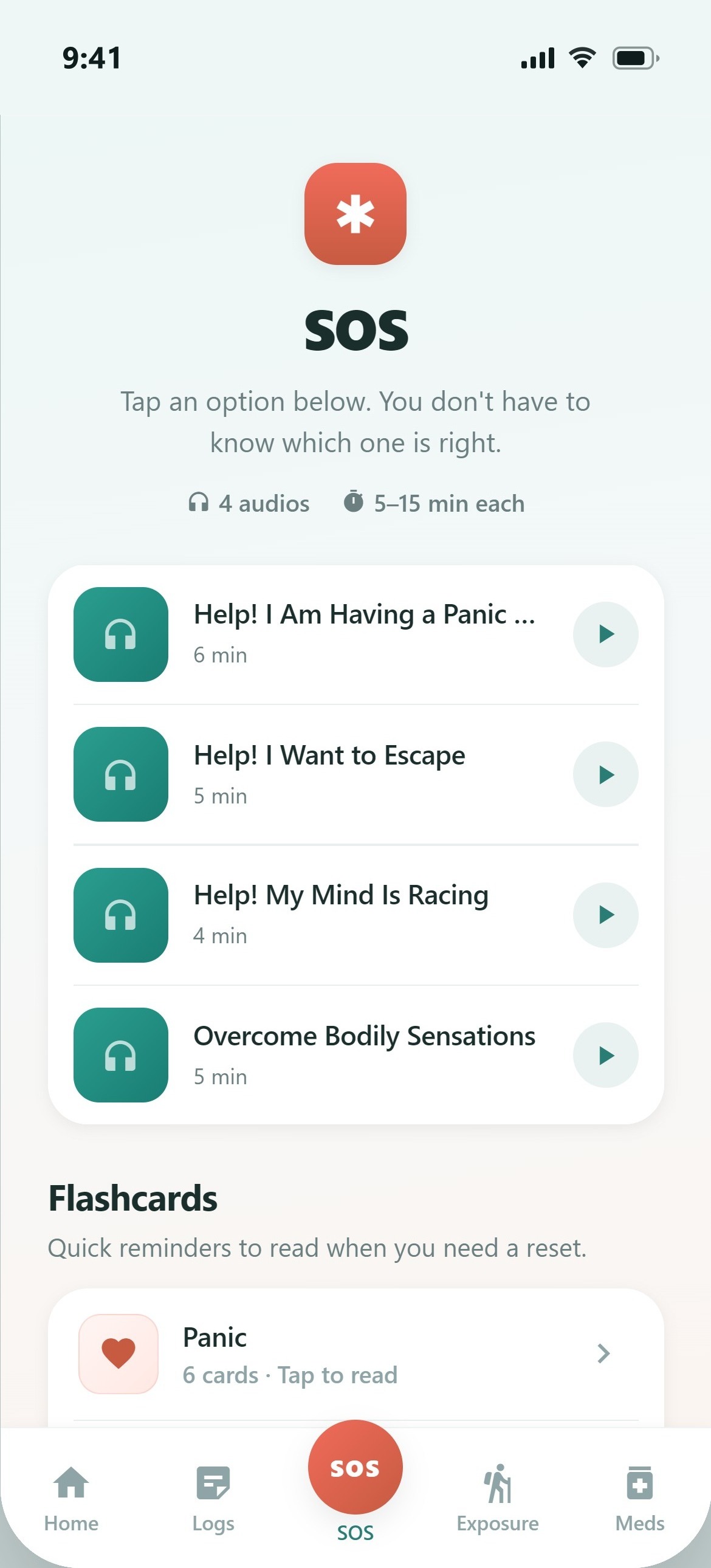 SOS screen with panic relief audio and flashcards
