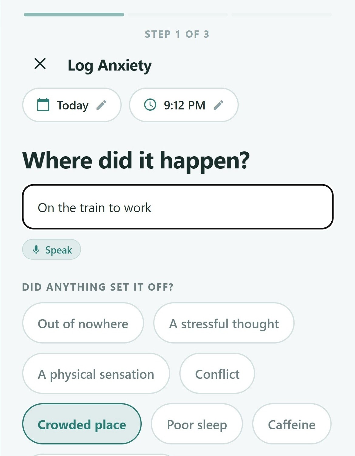 Anxiety log wizard with trigger chips