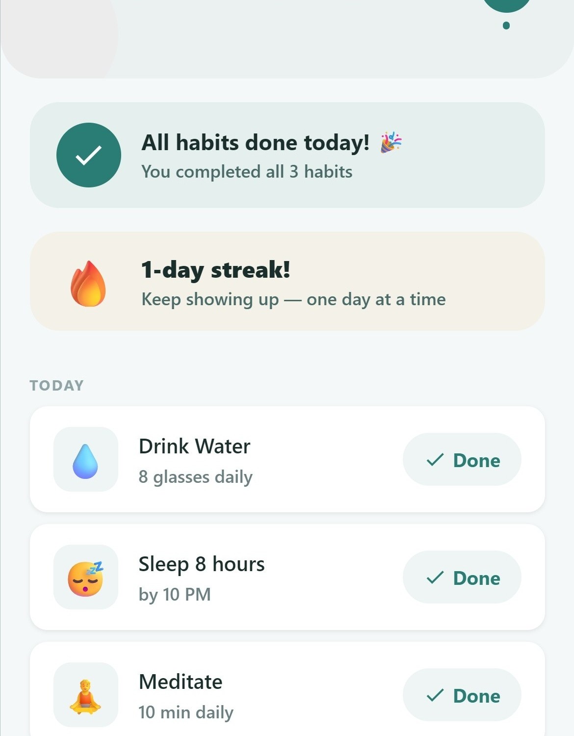 Habits tracker with all habits done and streak