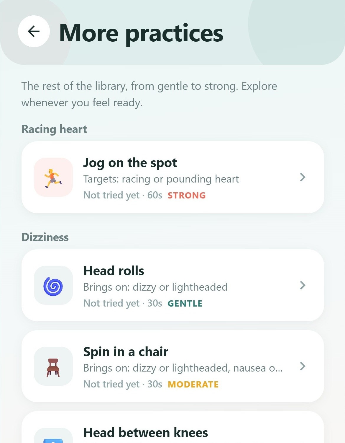 Interoceptive practice library grouped by sensation